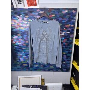 No Boundaries Mens Long Sleeve Thermal Waffle Knit Graphic Shirt Blue Gray M